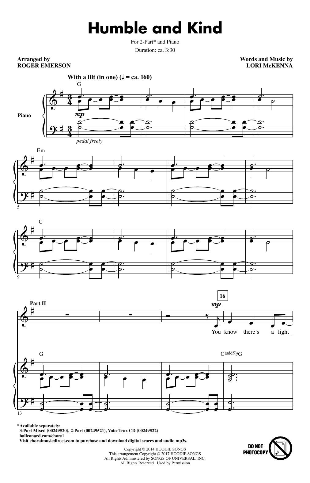 Roger Emerson Humble And Kind sheet music notes and chords arranged for 3-Part Mixed Choir