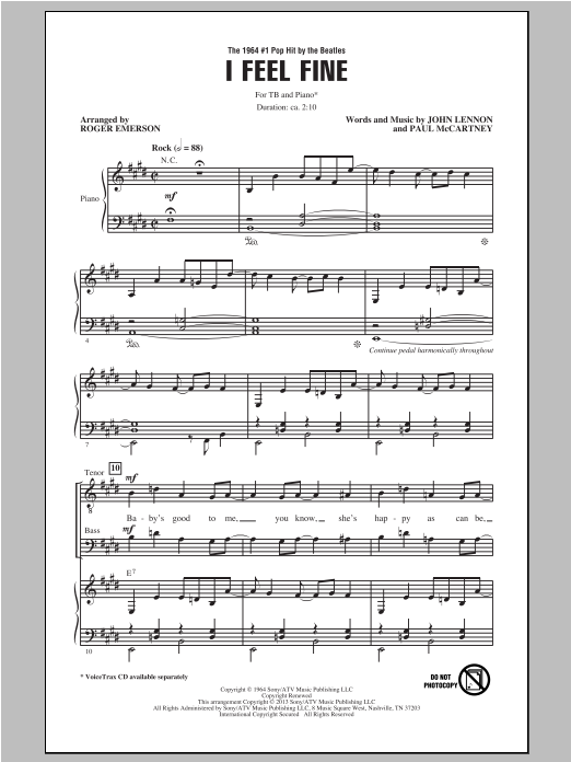 Roger Emerson I Feel Fine sheet music notes and chords arranged for TB Choir