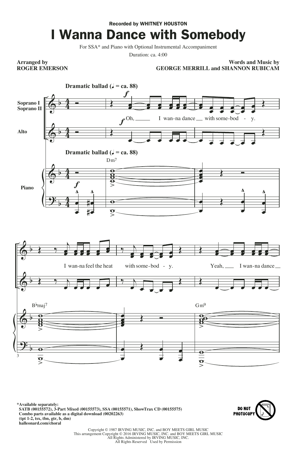 Roger Emerson I Wanna Dance With Somebody sheet music notes and chords arranged for SATB Choir