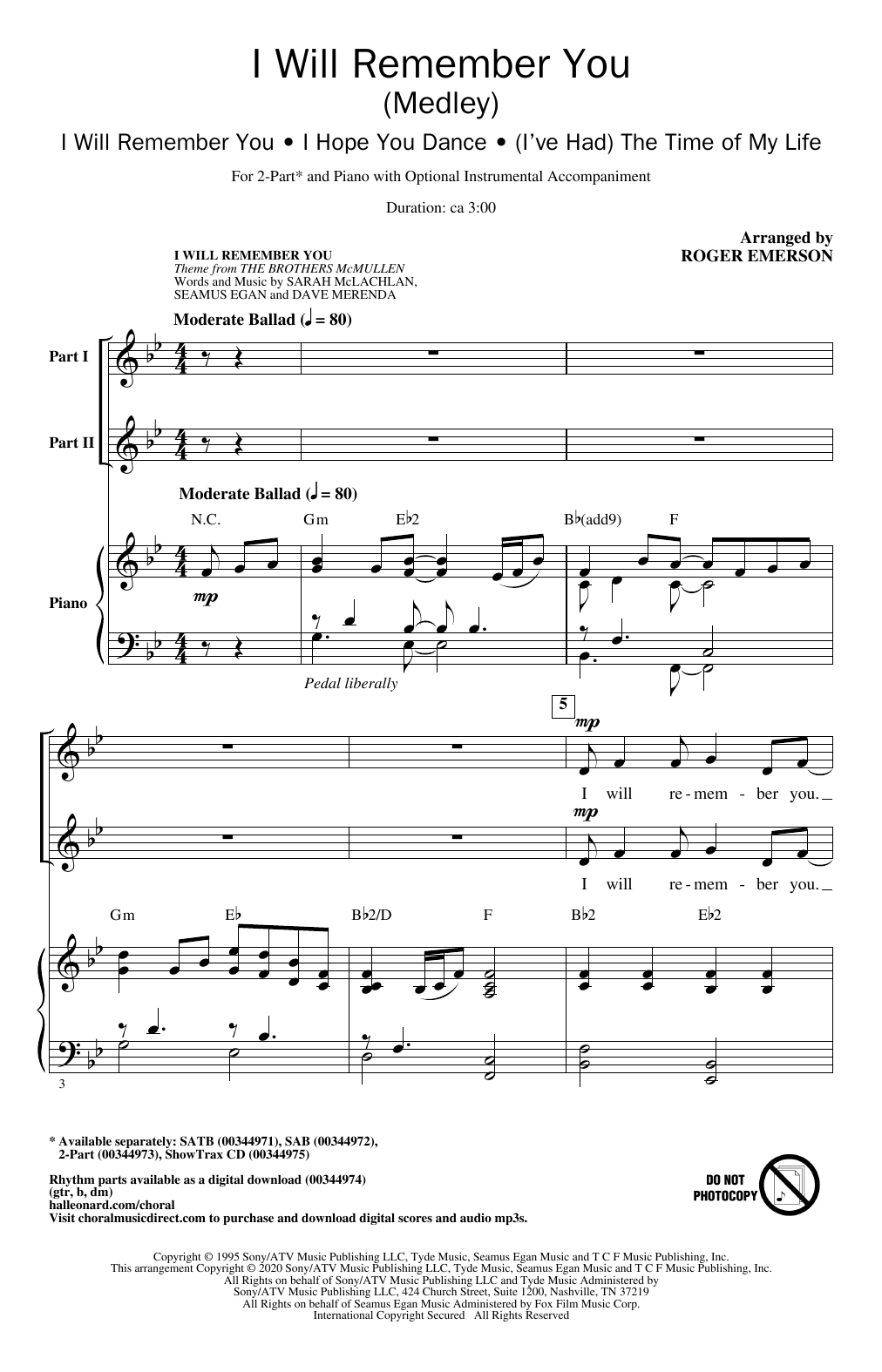 Roger Emerson I Will Remember You (Medley) sheet music notes and chords arranged for 2-Part Choir