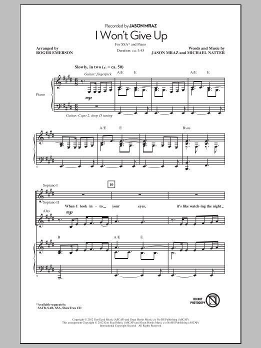 Roger Emerson I Won't Give Up sheet music notes and chords arranged for SSA Choir