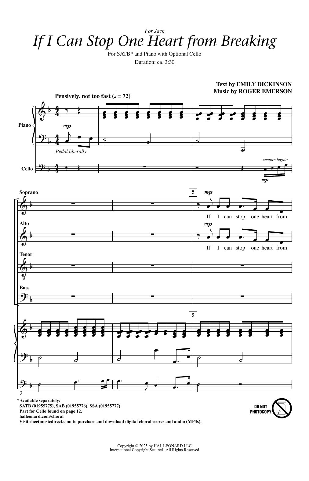 Roger Emerson If I Can Stop One Heart From Breaking sheet music notes and chords arranged for SAB Choir
