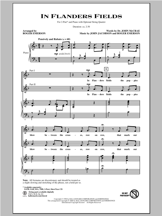 Roger Emerson In Flanders Fields sheet music notes and chords arranged for 2-Part Choir