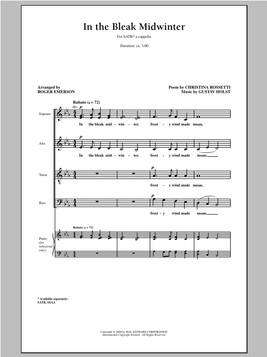 Roger Emerson In The Bleak Midwinter sheet music notes and chords arranged for SATB Choir