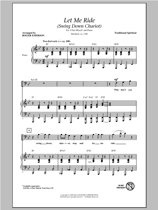 Roger Emerson Let Me Ride sheet music notes and chords arranged for 3-Part Mixed Choir