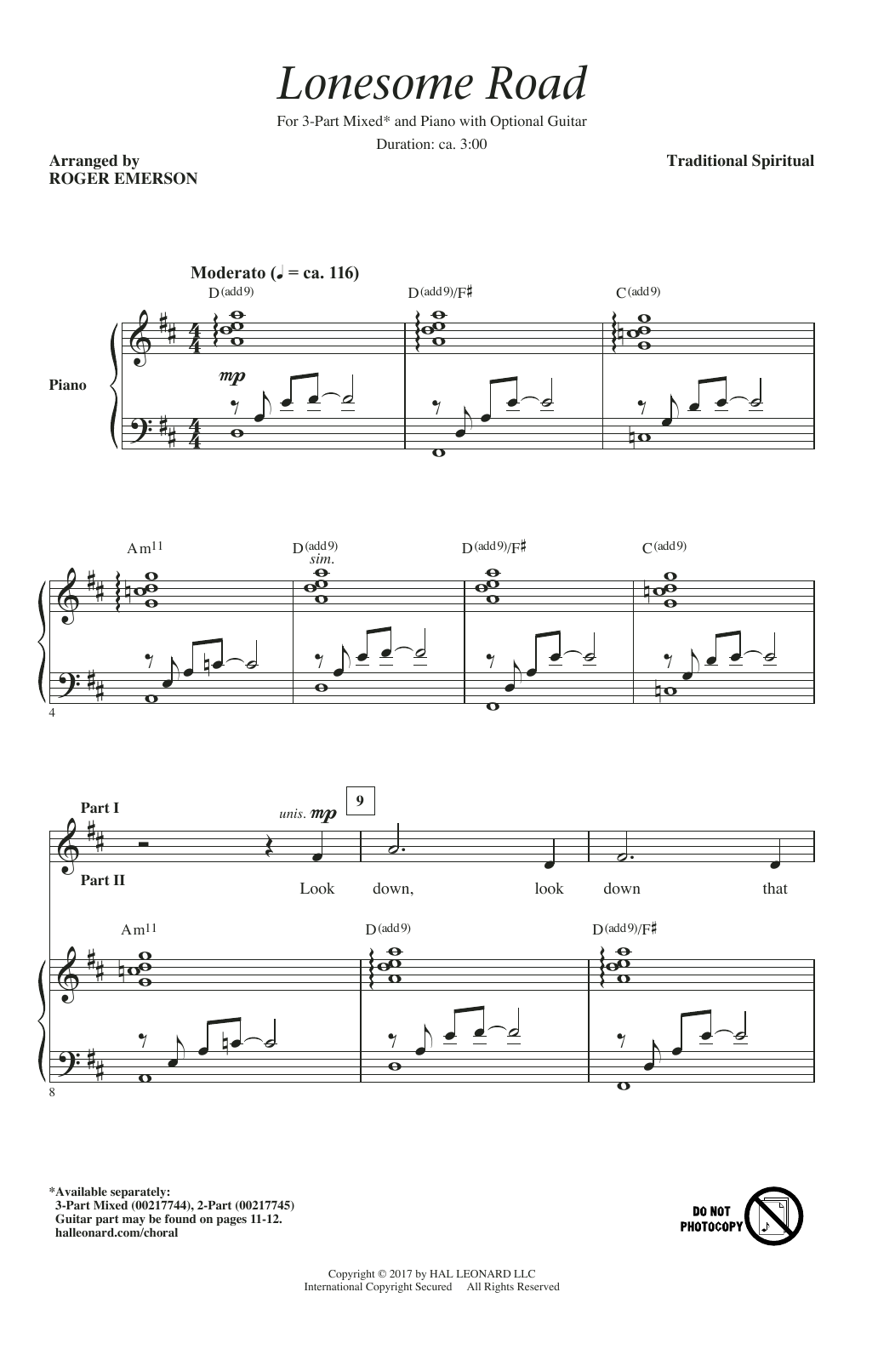 Roger Emerson Lonesome Road sheet music notes and chords arranged for 3-Part Mixed Choir