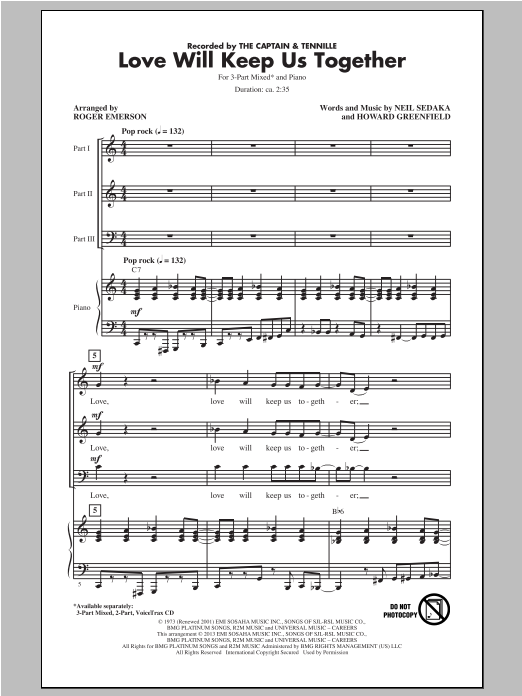 Roger Emerson Love Will Keep Us Together sheet music notes and chords arranged for 3-Part Mixed Choir