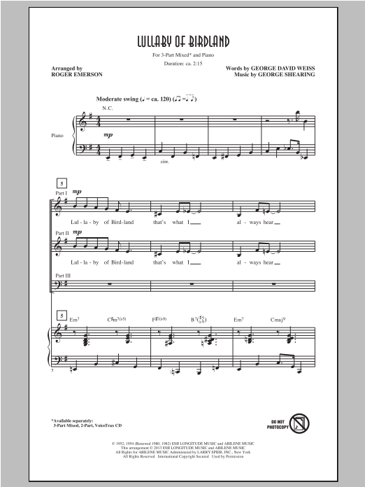 Roger Emerson Lullaby Of Birdland sheet music notes and chords arranged for 3-Part Mixed Choir