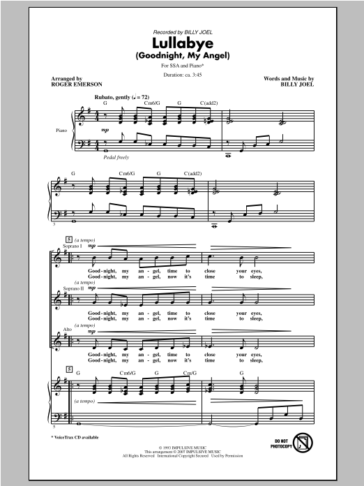 Roger Emerson Lullabye (Goodnight, My Angel) sheet music notes and chords arranged for SSA Choir