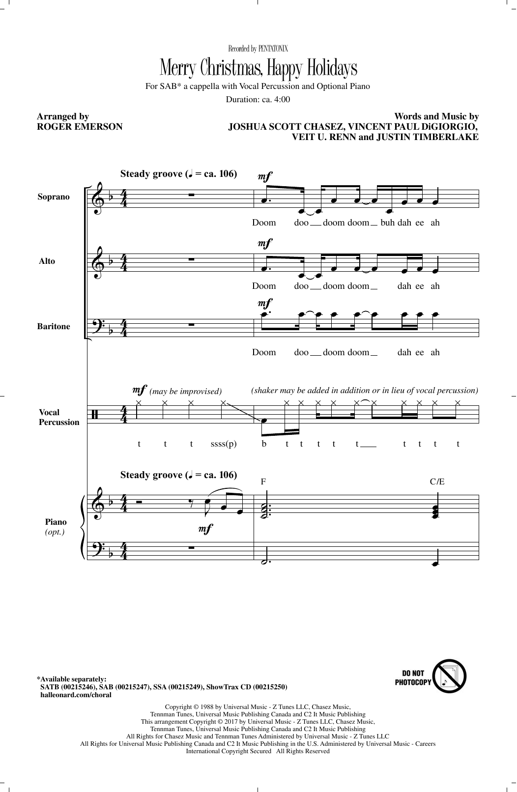 Roger Emerson Merry Christmas, Happy Holidays sheet music notes and chords arranged for SAB Choir