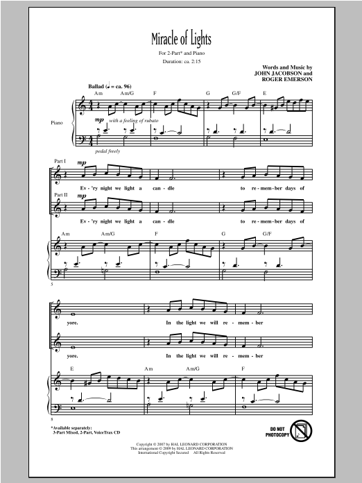 Roger Emerson Miracle Of Lights sheet music notes and chords arranged for 2-Part Choir