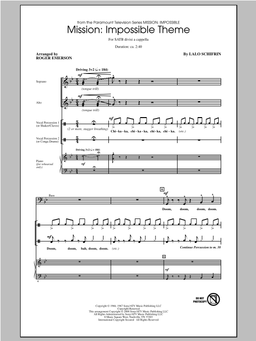 Roger Emerson Mission: Impossible Theme sheet music notes and chords arranged for SATB Choir
