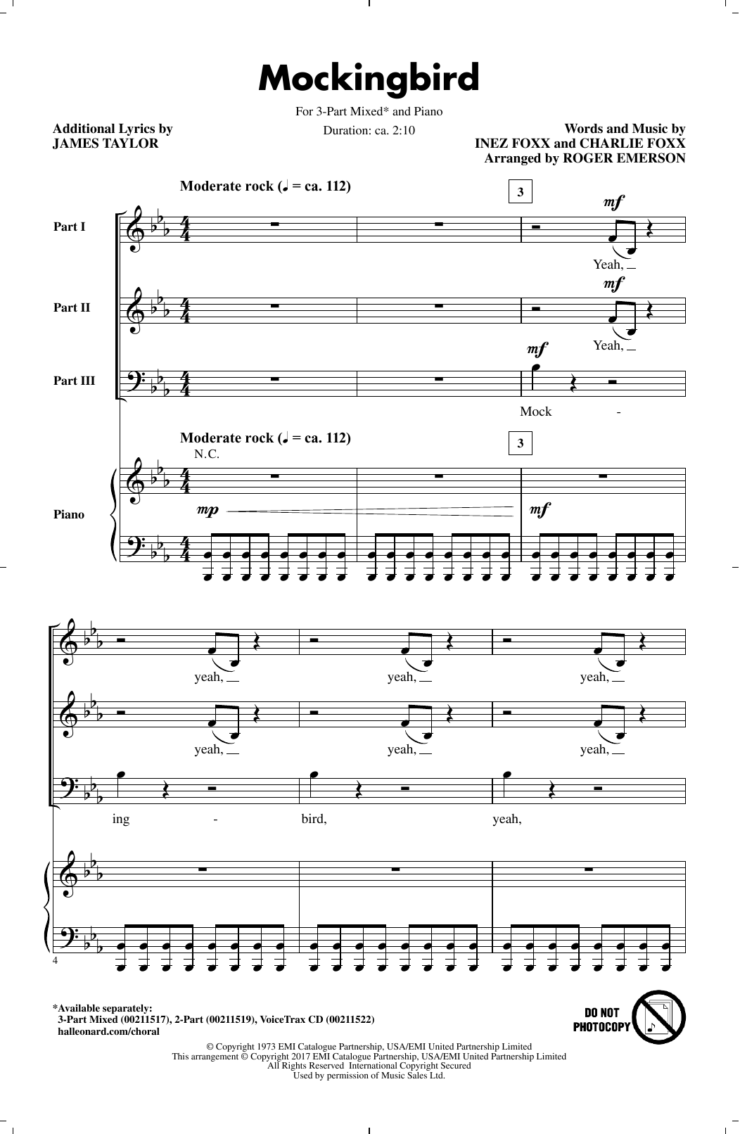 Roger Emerson Mockingbird sheet music notes and chords arranged for 3-Part Mixed Choir