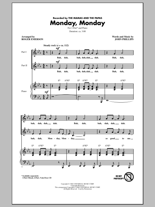 Roger Emerson Monday, Monday sheet music notes and chords arranged for 2-Part Choir