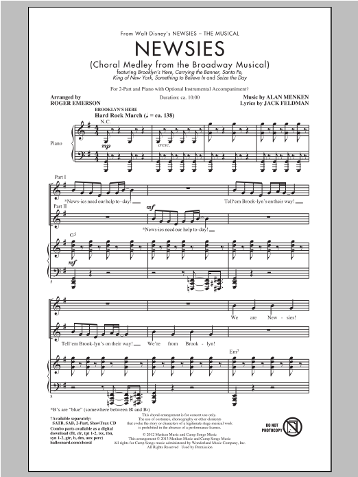 Roger Emerson Newsies (Choral Medley) sheet music notes and chords arranged for 2-Part Choir