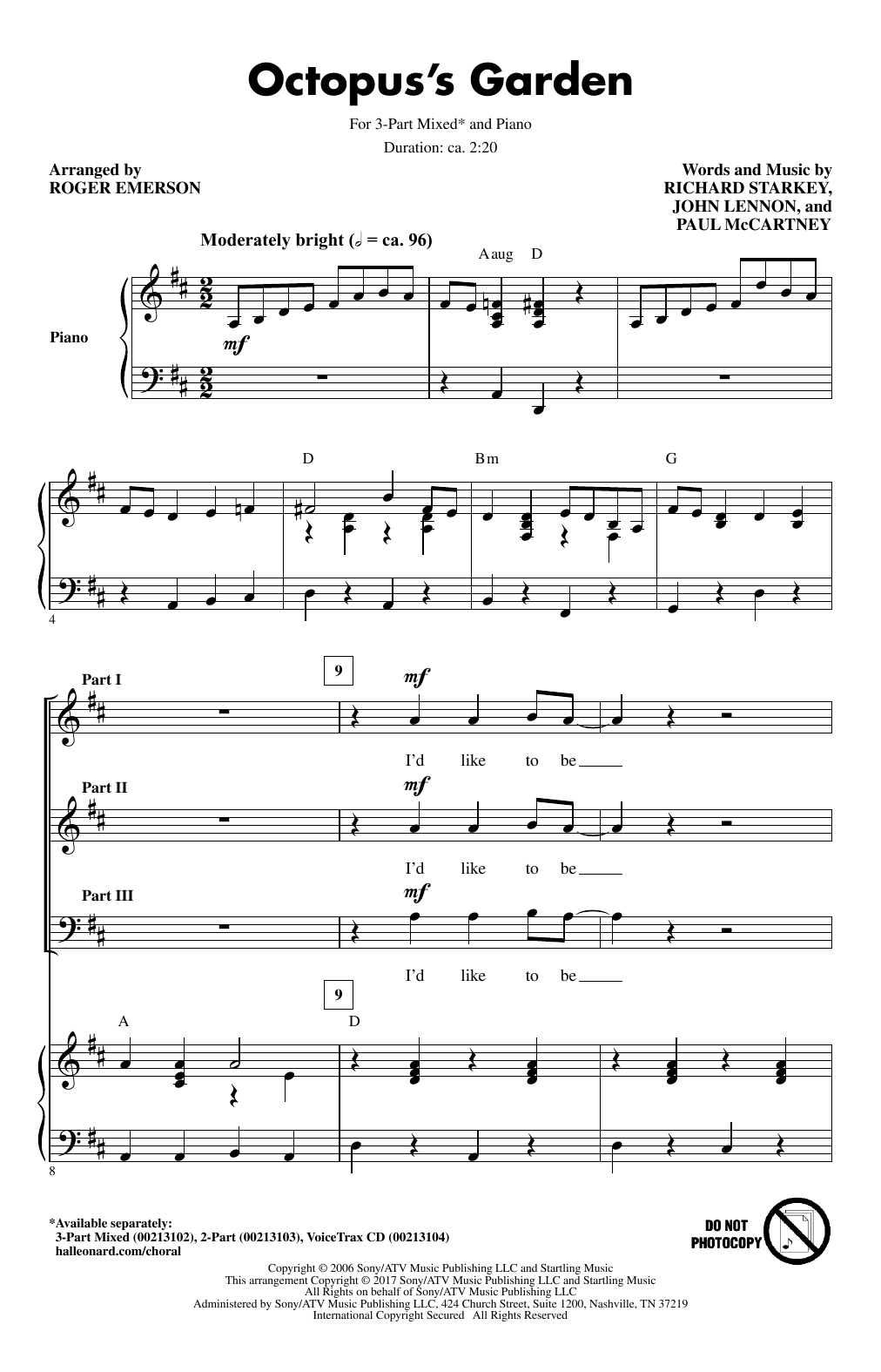 Roger Emerson Octopus's Garden sheet music notes and chords arranged for 3-Part Mixed Choir