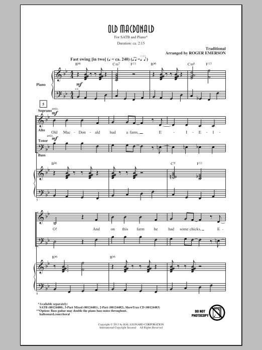 Roger Emerson Old MacDonald sheet music notes and chords arranged for 3-Part Mixed Choir