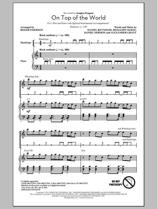 Roger Emerson On Top Of The World sheet music notes and chords arranged for 2-Part Choir