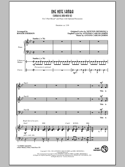 Roger Emerson One Note Samba (Samba De Uma Nota So) sheet music notes and chords arranged for 2-Part Choir