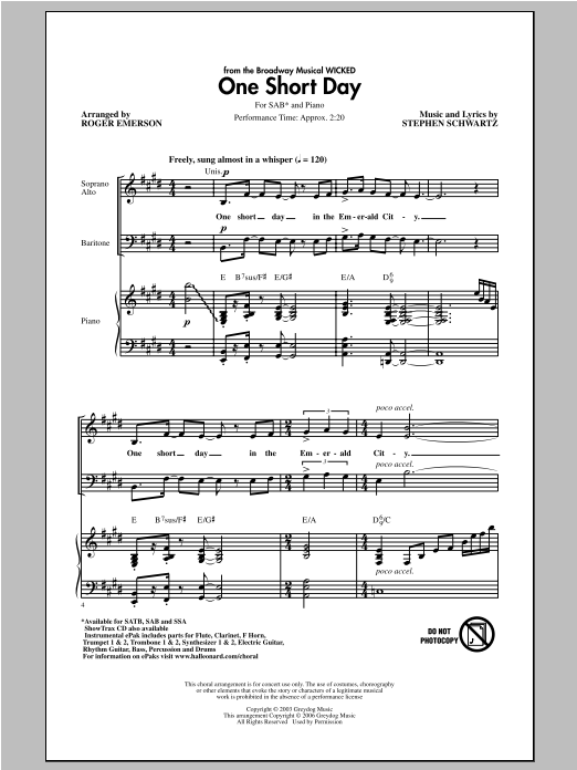 Roger Emerson One Short Day (from Wicked) sheet music notes and chords arranged for SATB Choir