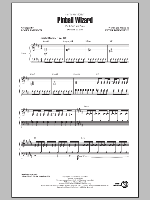 Roger Emerson Pinball Wizard sheet music notes and chords arranged for 2-Part Choir
