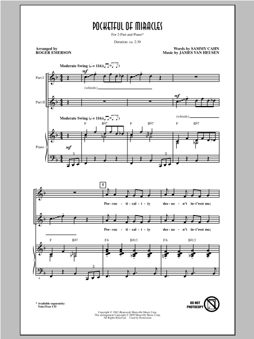 Roger Emerson Pocketful Of Miracles sheet music notes and chords arranged for 2-Part Choir