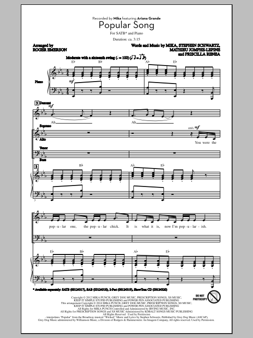 Roger Emerson Popular Song sheet music notes and chords arranged for SAB Choir