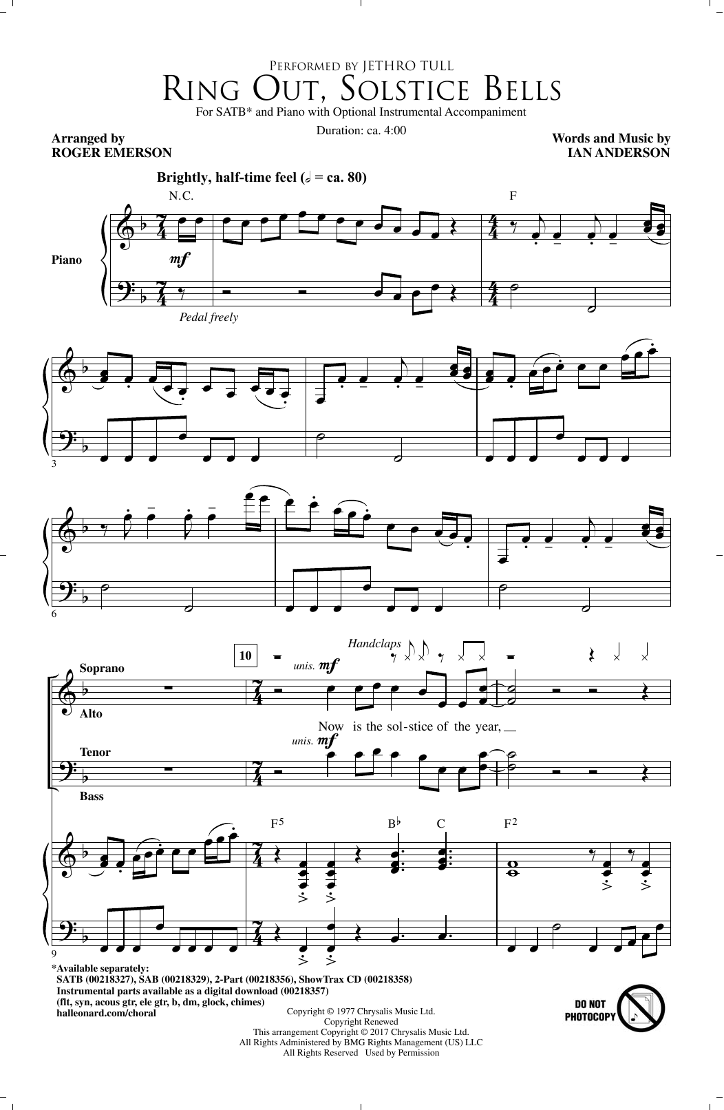 Roger Emerson Ring Out, Solstice Bells sheet music notes and chords arranged for 2-Part Choir