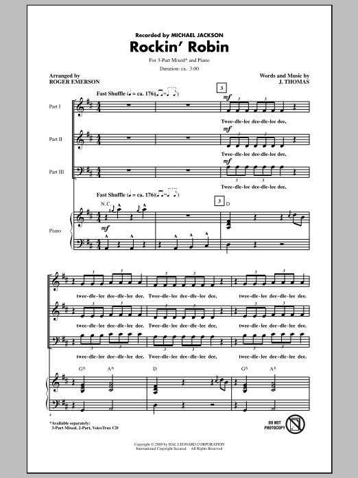 Roger Emerson Rockin' Robin sheet music notes and chords arranged for 3-Part Mixed Choir