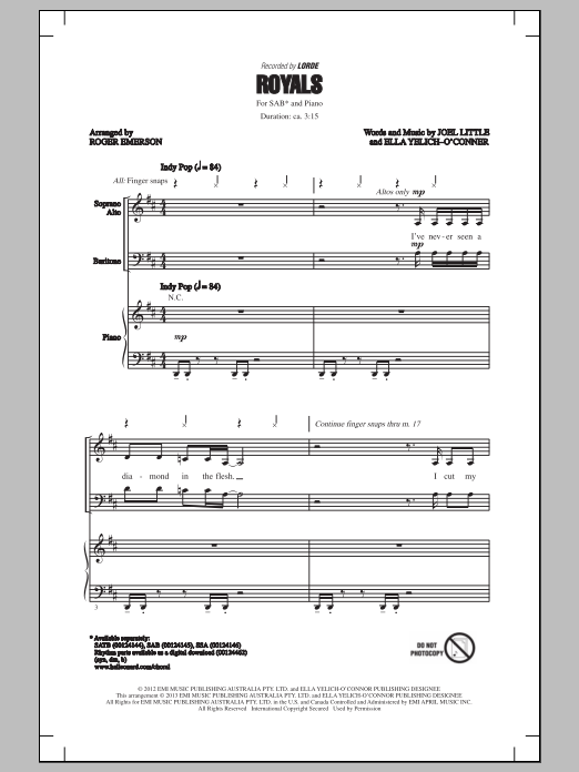 Roger Emerson Royals sheet music notes and chords arranged for SAB Choir