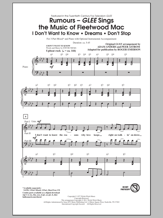 Roger Emerson Rumours: Glee Sings The Music Of Fleetwood Mac sheet music notes and chords arranged for SATB Choir