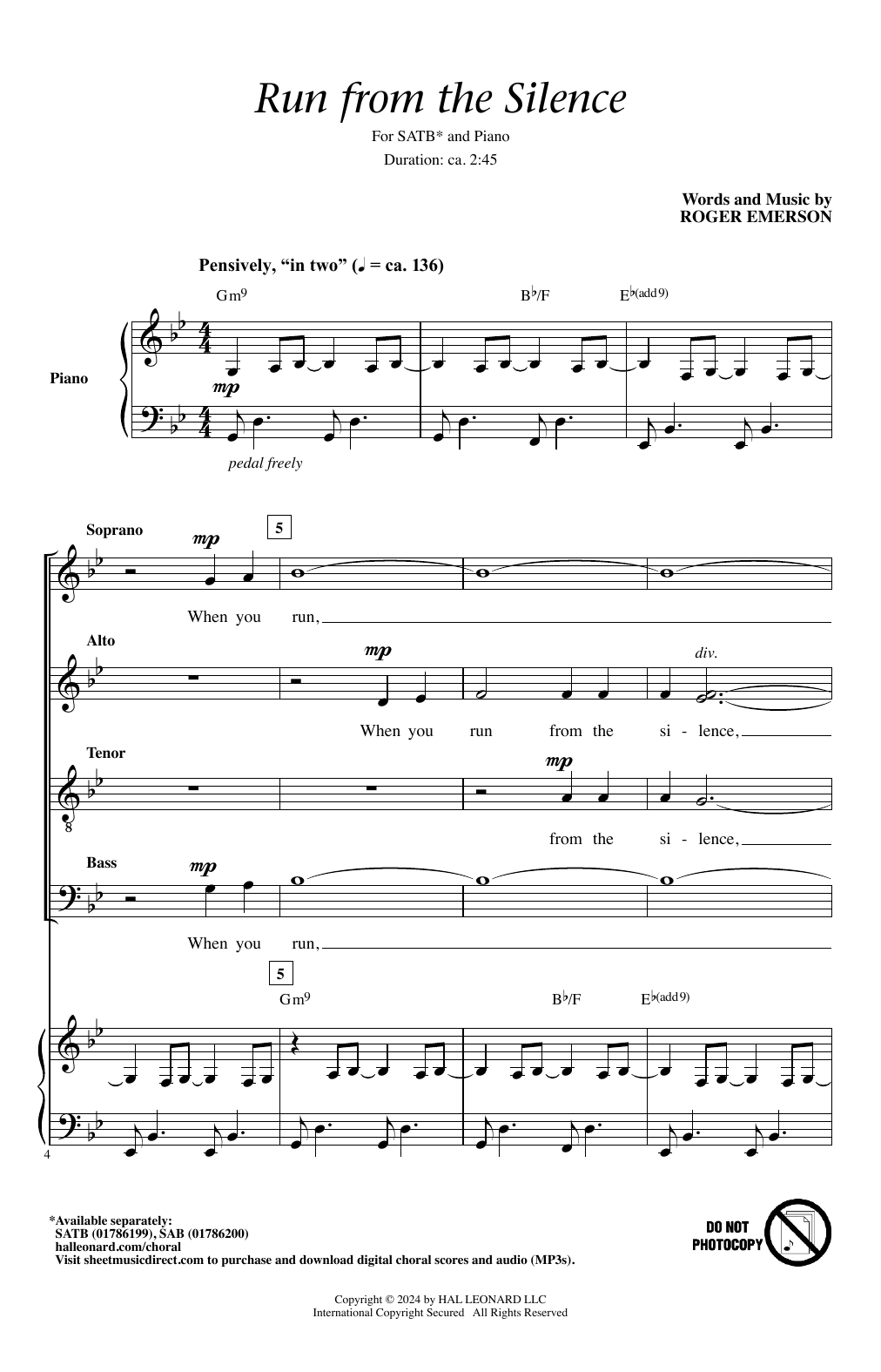 Roger Emerson Run From The Silence sheet music notes and chords arranged for SAB Choir