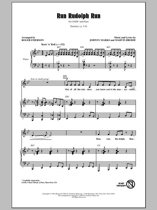 Roger Emerson Run Rudolph Run sheet music notes and chords arranged for SATB Choir
