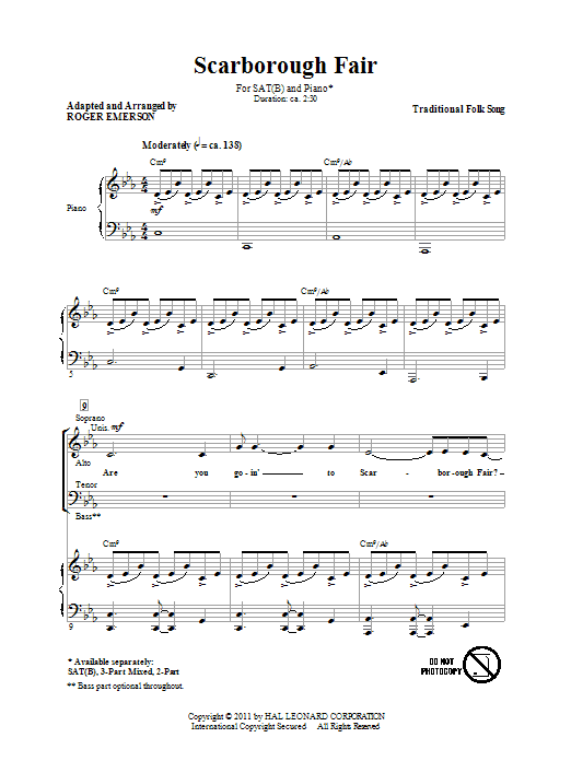 Roger Emerson Scarborough Fair sheet music notes and chords arranged for SATB Choir