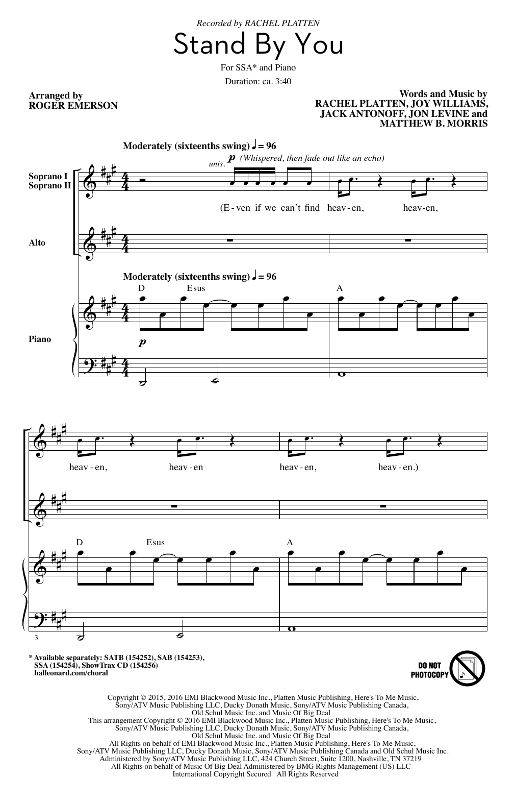 Roger Emerson Stand By You sheet music notes and chords arranged for SAB Choir