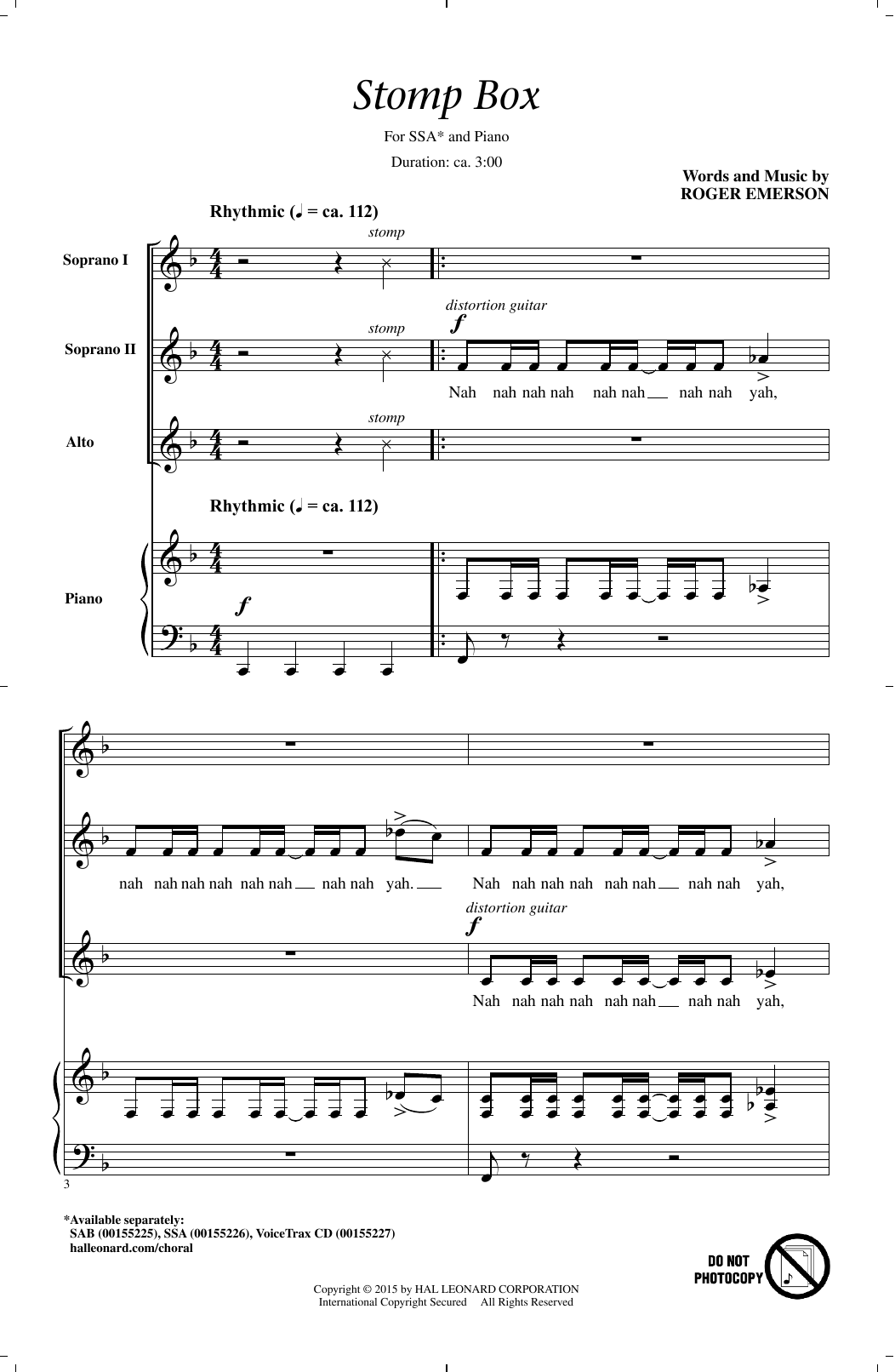 Roger Emerson Stomp Box sheet music notes and chords arranged for SAB Choir