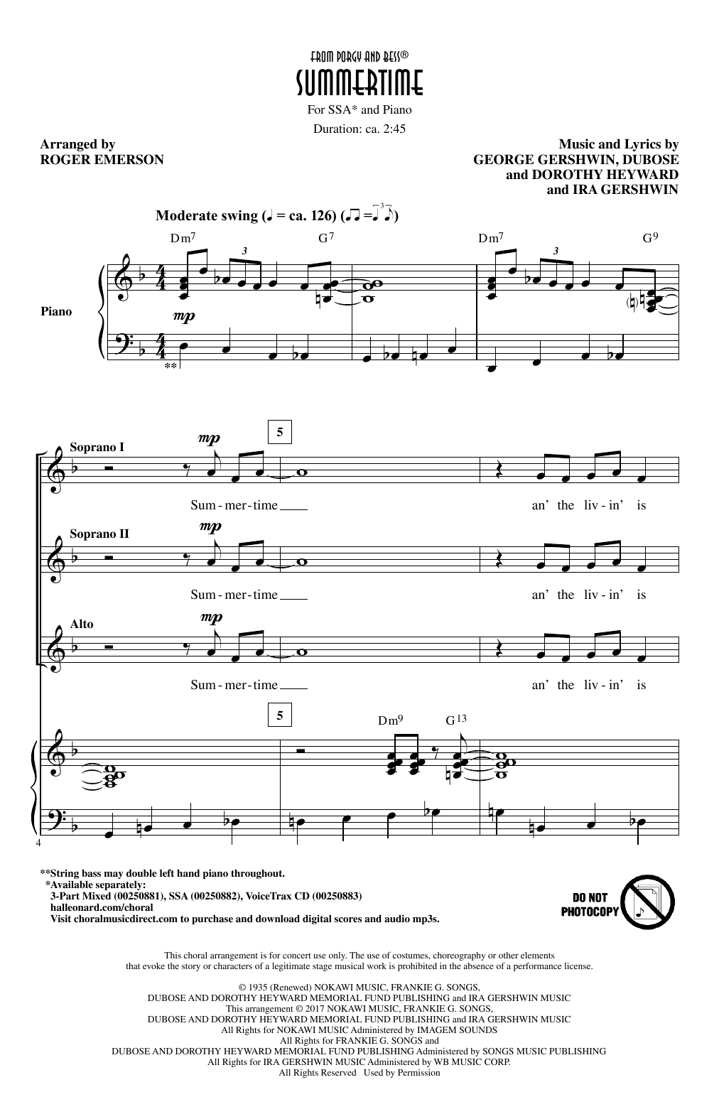 Roger Emerson Summertime sheet music notes and chords arranged for SSA Choir
