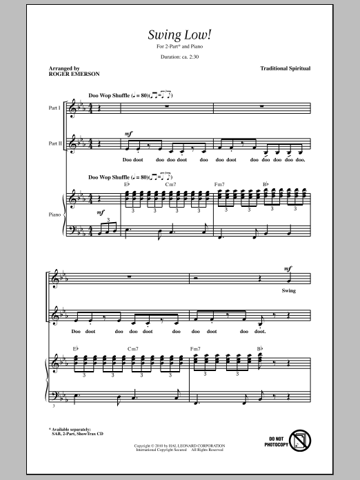 Roger Emerson Swing Low, Sweet Chariot sheet music notes and chords arranged for 2-Part Choir