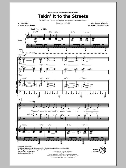 Roger Emerson Takin' It To The Streets sheet music notes and chords arranged for SAB Choir