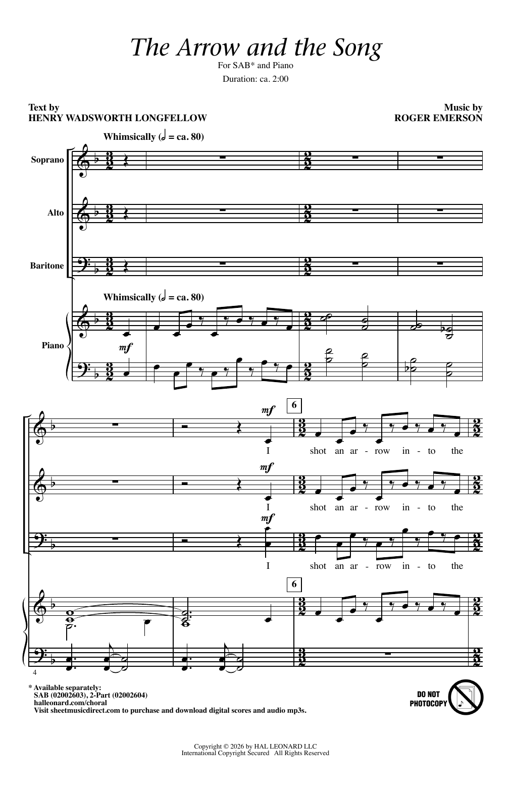 Roger Emerson The Arrow And The Song sheet music notes and chords arranged for SAB Choir