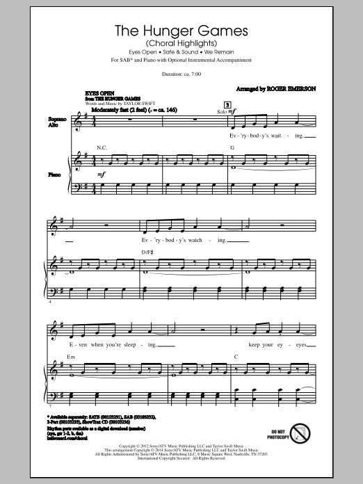 Roger Emerson The Hunger Games (Choral Highlights) sheet music notes and chords arranged for SAB Choir