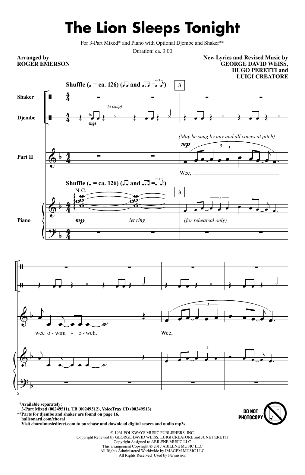 Roger Emerson The Lion Sleeps Tonight sheet music notes and chords arranged for 3-Part Mixed Choir