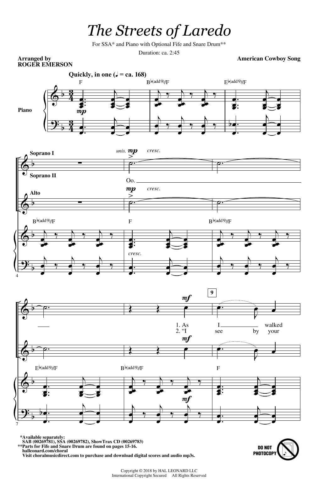 Roger Emerson The Streets Of Laredo sheet music notes and chords arranged for SSA Choir