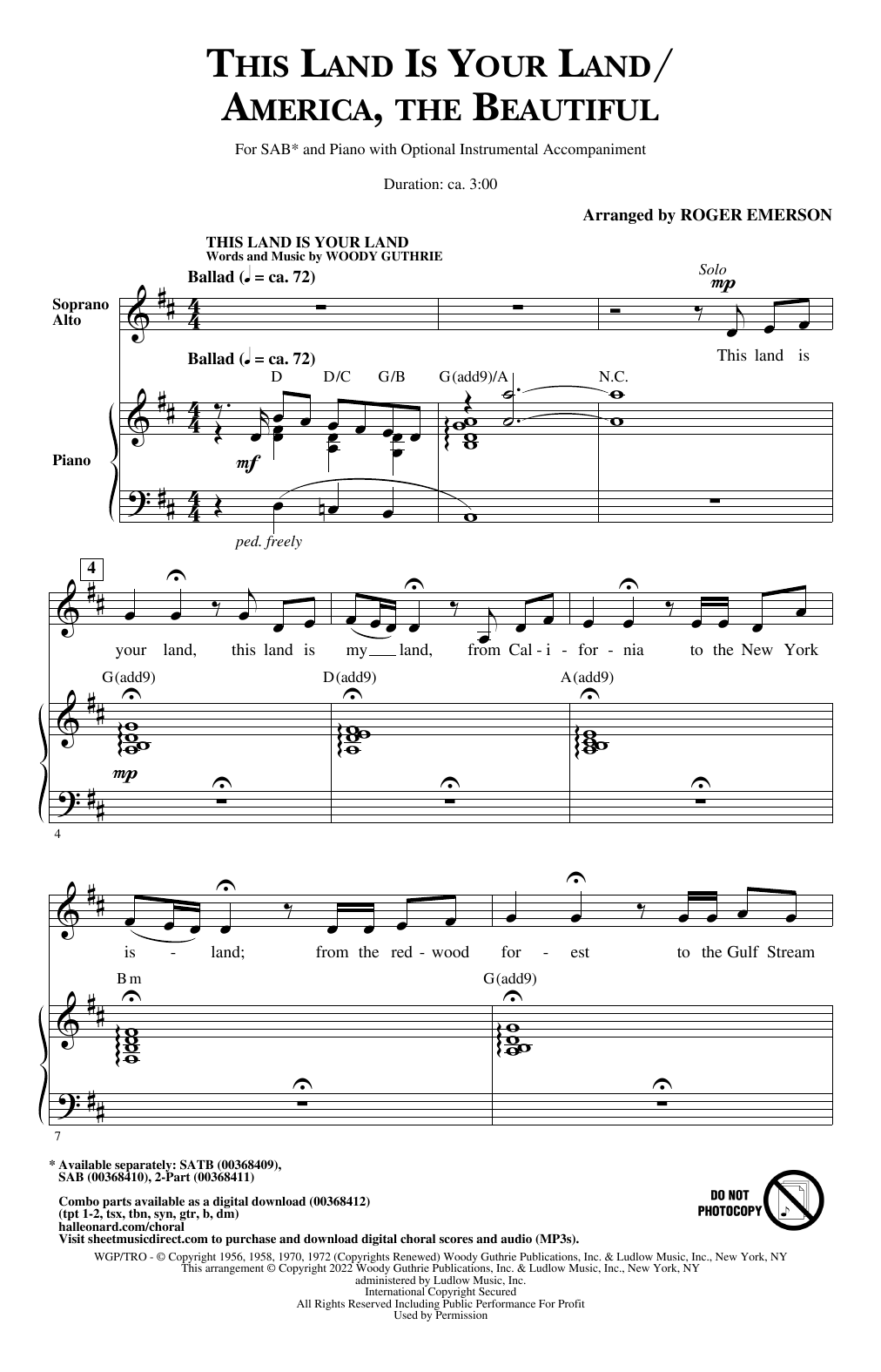 Roger Emerson This Land Is Your Land/America, The Beautiful sheet music notes and chords arranged for SATB Choir