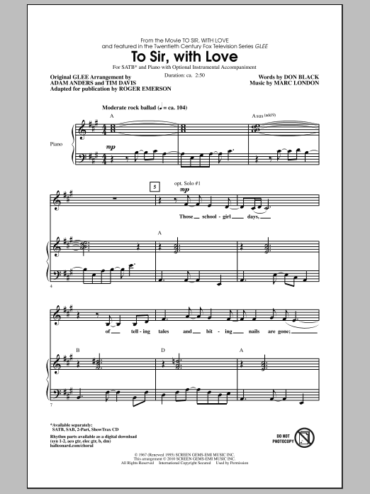 Roger Emerson To Sir, With Love sheet music notes and chords arranged for 2-Part Choir