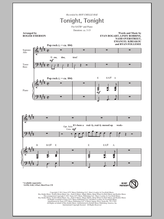 Roger Emerson Tonight Tonight sheet music notes and chords arranged for SATB Choir