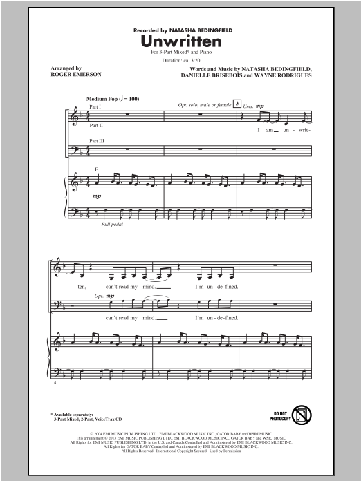Roger Emerson Unwritten sheet music notes and chords arranged for 3-Part Mixed Choir