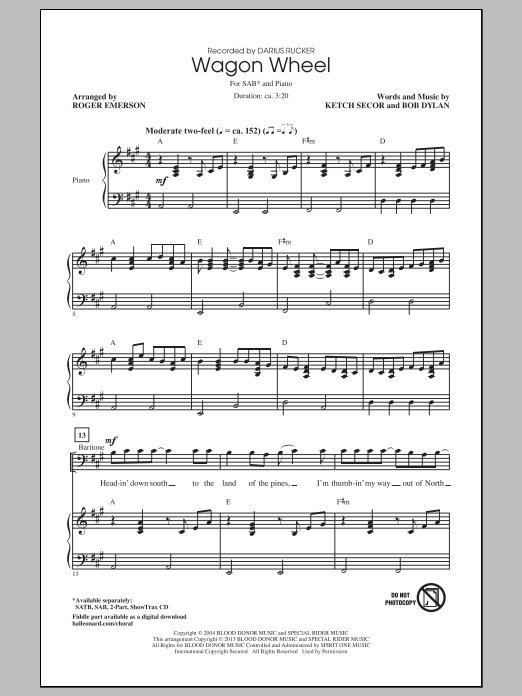 Roger Emerson Wagon Wheel sheet music notes and chords arranged for SAB Choir