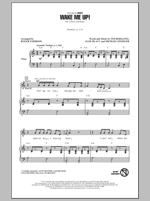 Roger Emerson Wake Me Up! sheet music notes and chords arranged for 2-Part Choir