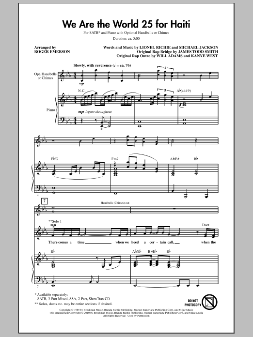 Roger Emerson We Are The World 25 For Haiti sheet music notes and chords arranged for SATB Choir